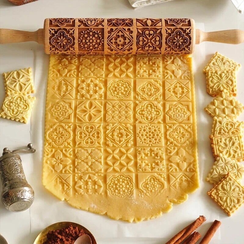 Rouleau à Pâtisserie En Bois Gravé 3D Noël - 9 Motifs Religieux, 35 Cm, Pour Biscuits En Relief